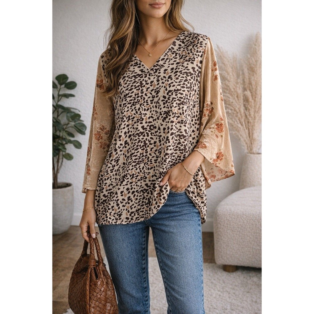 GRACE & EMMA Leopard Floral Sleeve Blouse V-Neck Boho Size L EUC